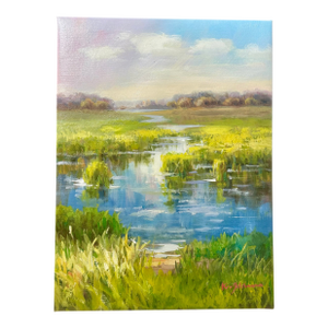 Marsh Coastal Landscape Oil Painting on Canvas by K. Hanna – 12" X 16"