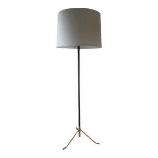 1970s Pie De Salon G2 Style Leather & Brass Tripod Floor Lamp For Sale