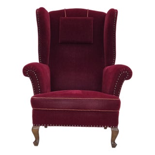 Danish Highback Wingback Armchair in Cherry-Red Velour, 1960s For Sale