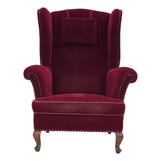 Danish Highback Wingback Armchair in Cherry-Red Velour, 1960s For Sale