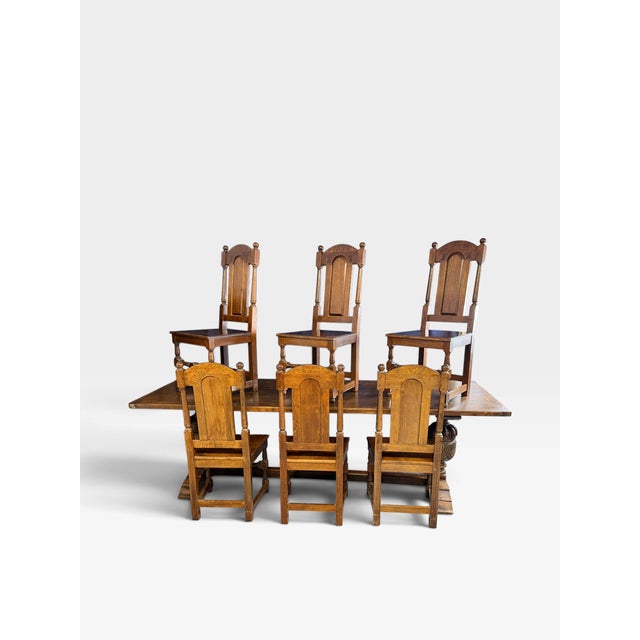 Antique Elizabethan Jacobean Style Oak Refectory Dining Table and Chairs, 1900, Set of 7 For Sale - Image 17 of 18
