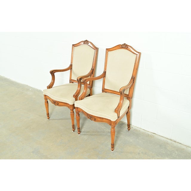 French Baker Furniture Style French Regency Louis XVI Carved Walnut Armchairs or Dining Captain Chairs, Pair For Sale - Image 3 of 13