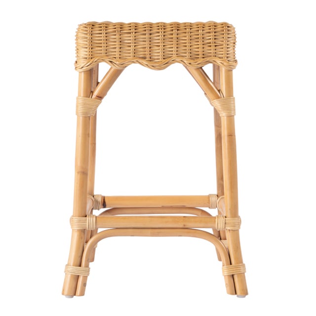 2020s Flora 16.5 in. Seat Height Square Rattan Scalloped Backless Counter stool, Natural Rattan For Sale - Image 5 of 8