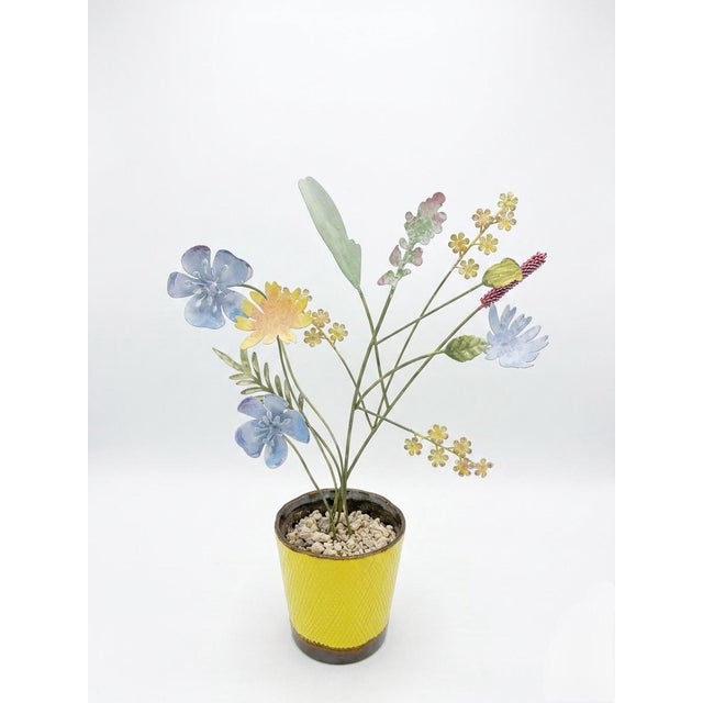 Italian Vintage Italian Hand-Painted Toleware Wildflower Arrangement in Yellow Ceramic Pot For Sale - Image 3 of 11