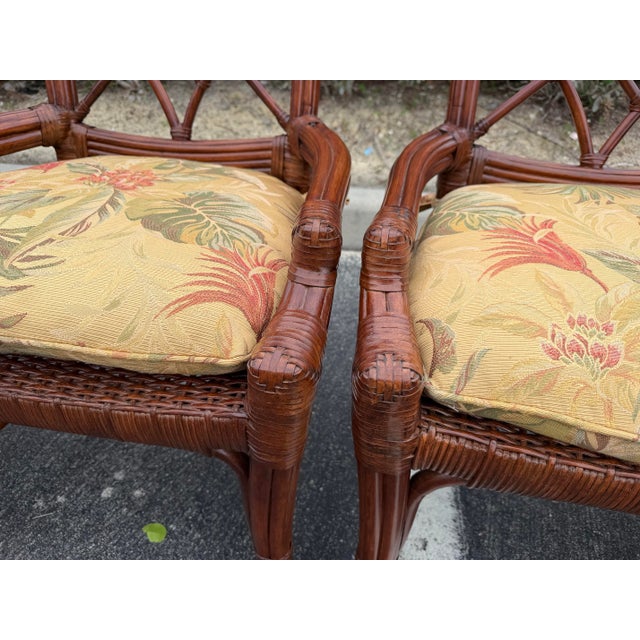 Wood Vintage Fretwork Rattan Dining Chairs With Tropical Cushions, Set of 6 For Sale - Image 7 of 10