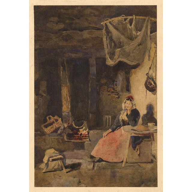 An original early 19th-century watercolour painting, William James Müller, Interior with Woman Seated by Fire.This...