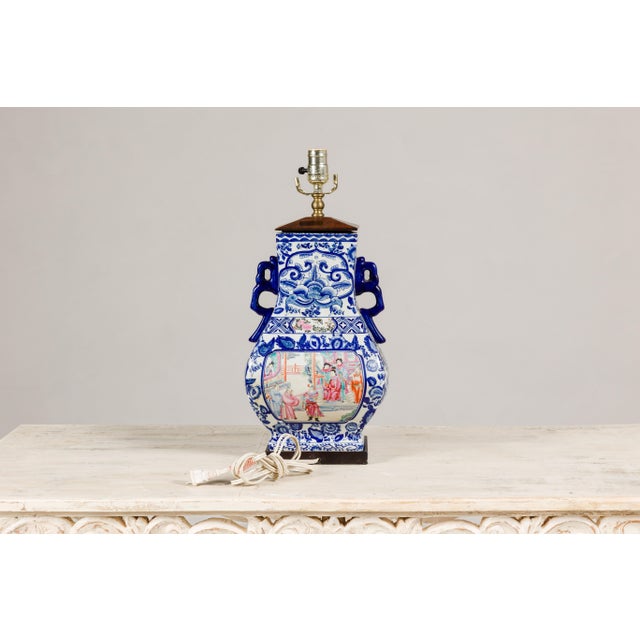 Blue and White Porcelain Table Lamp with Hand-Painted Court Scenes For Sale - Image 12 of 12