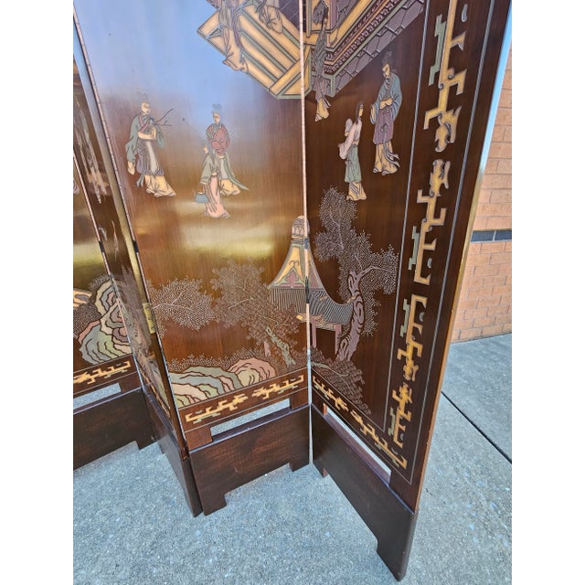 Asian Six-Panel Double Sided Coromandel Asian Screen on Stand For Sale - Image 3 of 12