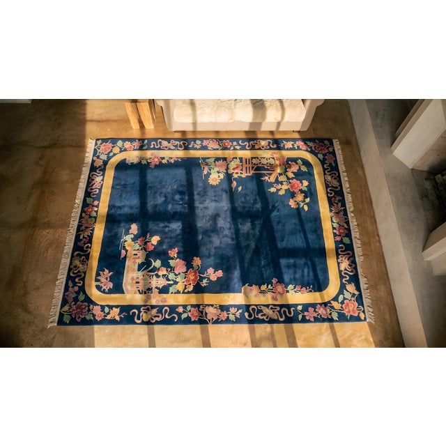 Textile Pretty Navy Background Color With Flowers Border in a Chinoiserie Pattern Antique Chinese Art Deco Rug For Sale - Image 7 of 8