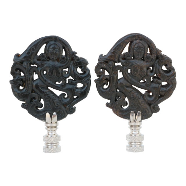 Ocean Siren Carved Stone Lamp Finials on Chrome - a Pair For Sale