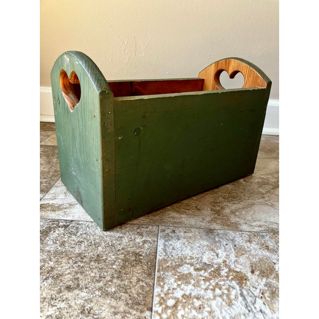 Late 20th Century Vintage Country Rustic Sage Green Pine Magazine Crate With Heart Cutouts For Sale - Image 5 of 12