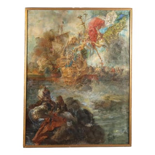Naval Battle with Allegorical Figure, 19th Century, Oil Painting on Canvas, Framed For Sale