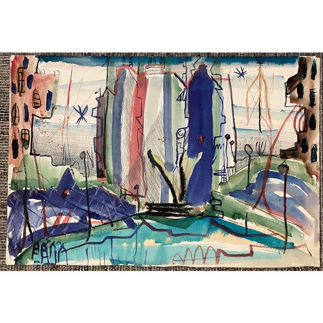MCM painting on paper by artist Robert Colborne (1931-2002) of New York. Estate stamp on the back. Colborne worked in...