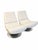 Mid century space age style swivel set of lounge chairs. They feature a metal round disc base. Possibly Vinyl or leather.