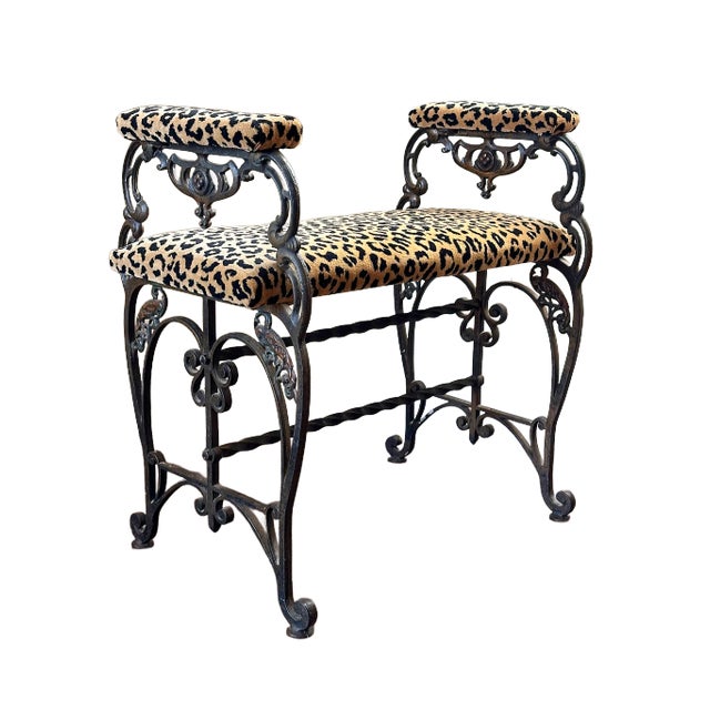 Art Deco 1930's Wrought Iron Spanish Baroque Leopard Upholstered Bench For Sale - Image 3 of 9