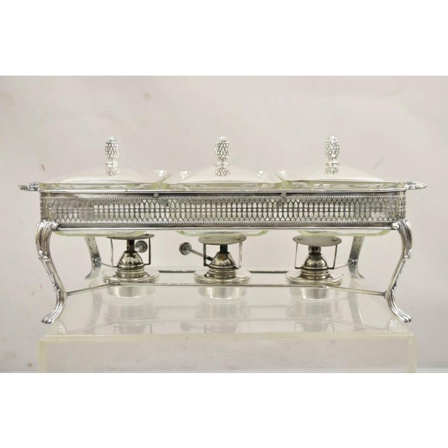 Vintage Sheffield Silver Co Silver Plated 3 Burner Warming Triple (1 Qt Each) Chafing Dish. Item features 3 glass Fire...