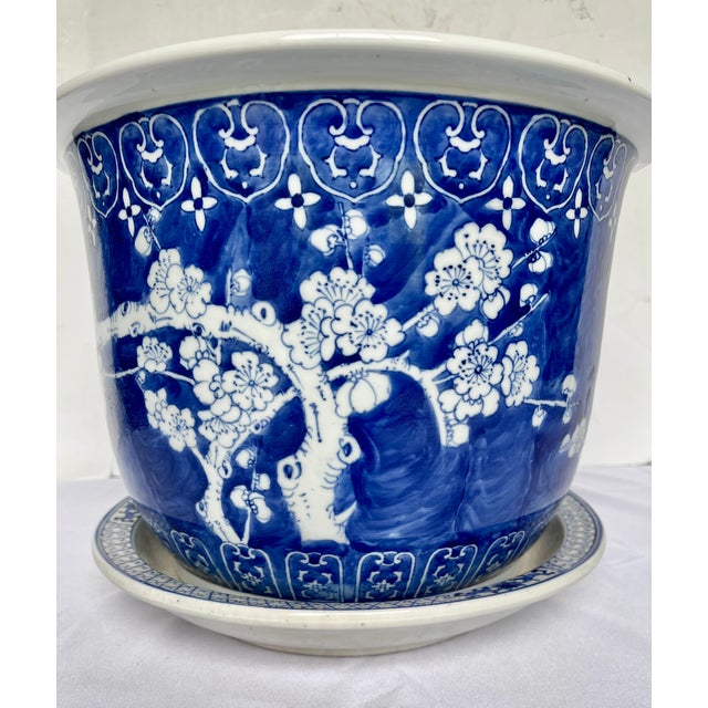 Late 19th Century Late 1800s Blue/White Prunus Blossom Chinese Jardiniere With Underplate For Sale - Image 5 of 15