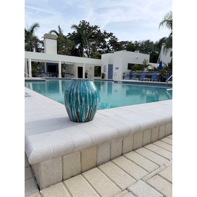 Turquoise Drip Italian Ceramic Vase For Sale - Image 4 of 8