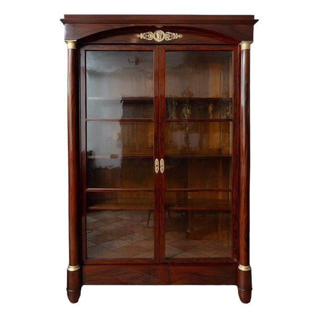 Antique Empire Glass & Mahogany Bookcase with Gilt Bronze Applications. France For Sale