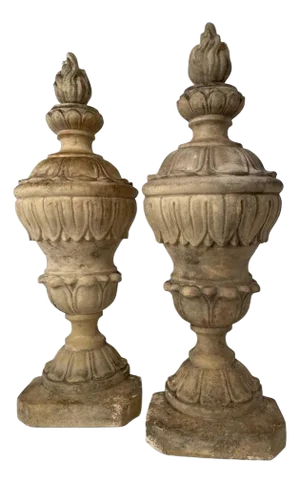 Pair 19th Century Neoclassical Style Italian Plaster Urns with Flame Finials