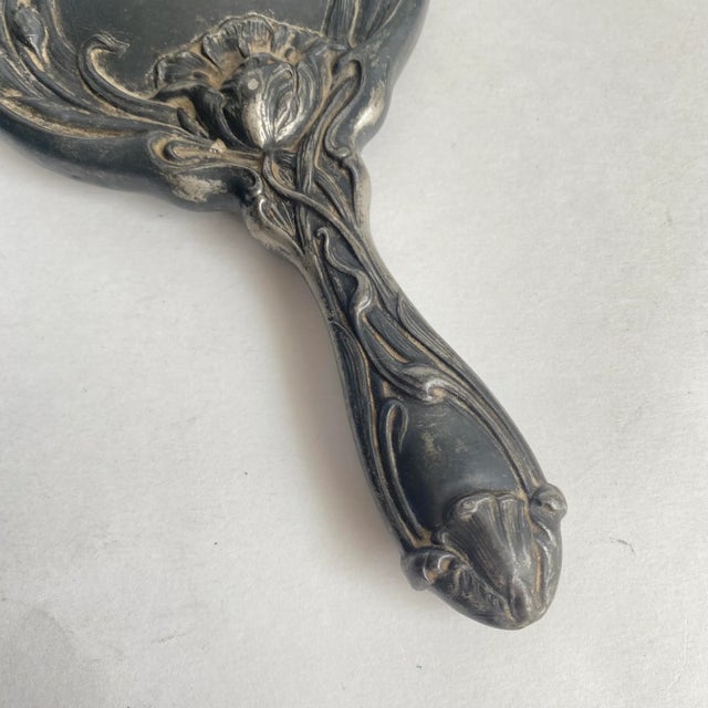 Art Deco Art Nouveau Vanity Hand Mirror Floral Silver Plated Distressed Antique Finish For Sale - Image 3 of 12