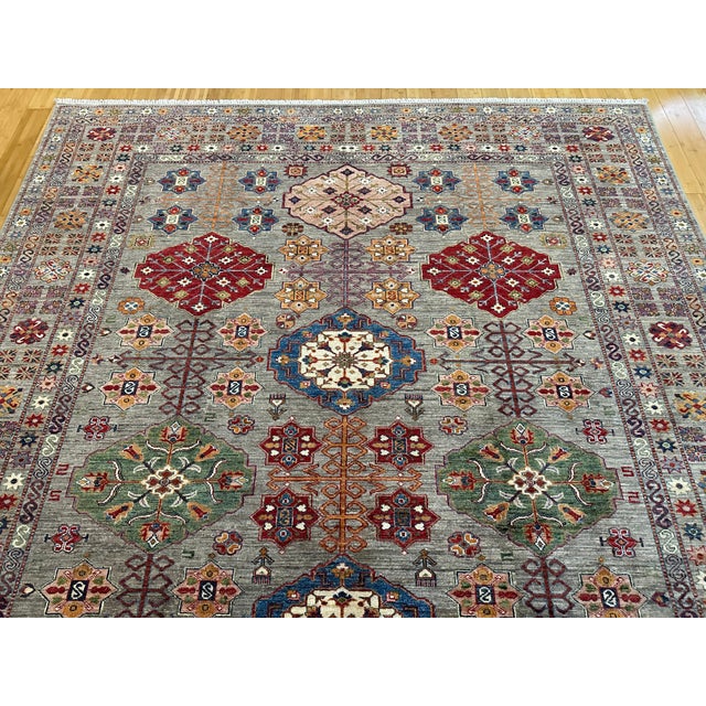 1990s Handmade Caucasian Super Kazak Rug 9x12 – Tribal Medallion Design in Jewel Tones For Sale - Image 10 of 10