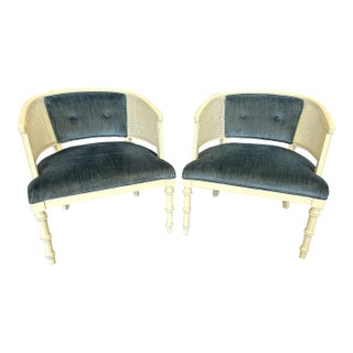 1960's Faux Bamboo and Cane Barrel Lounge Chairs With Blue Velvet Upholstery- A Pair For Sale
