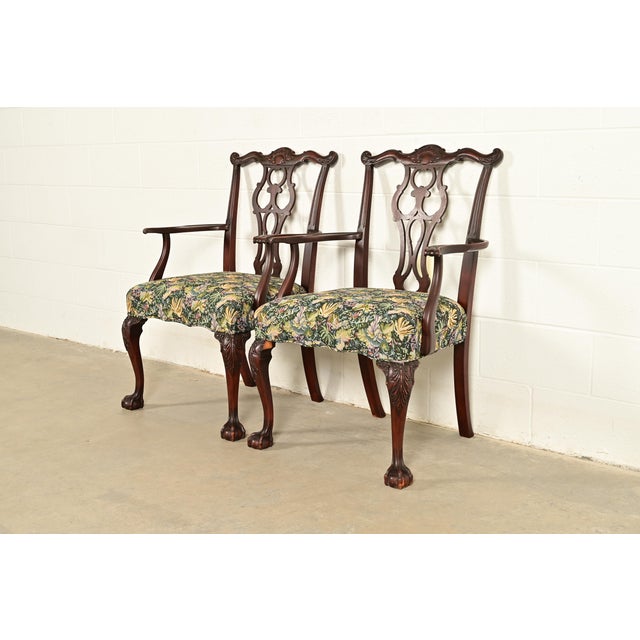 English Romweber Antique Chippendale Carved Mahogany Armchairs, Pair For Sale - Image 3 of 13