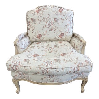 Kreiss Style Cream & Peach Floral Print Bergere Lounge Chair For Sale
