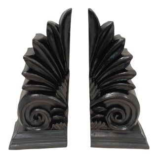 1990s Black Wood Scroll Fleur Bookends- 9a Pair For Sale