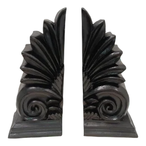 1990s Black Wood Scroll Fleur Bookends- a Pair