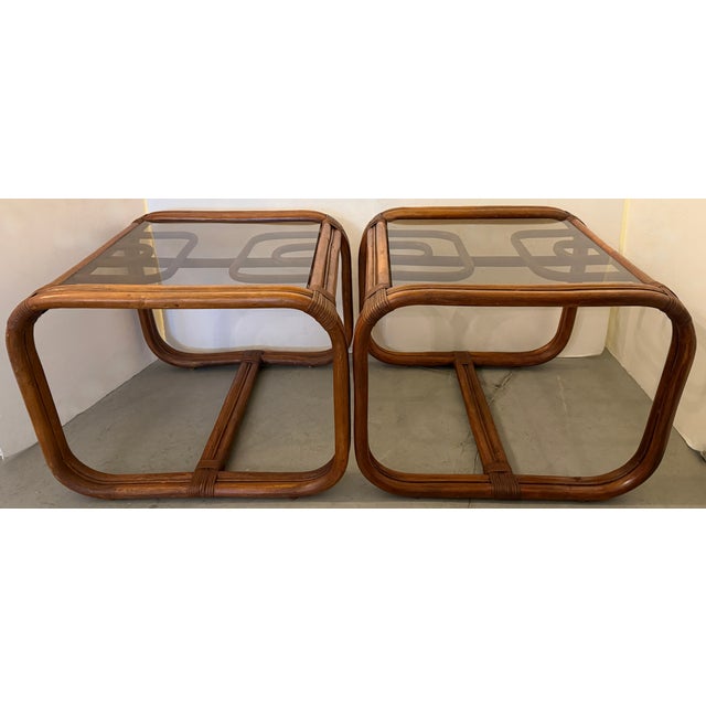 Geometric Bentwood Rattan SideTables With Smoked Glass Top From 70's/a Pair For Sale - Image 4 of 6