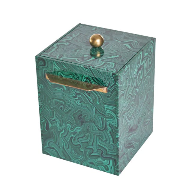 Incredibly chic vintage faux stone malachite ice bucket with brass handles One of a kind. Measurements: H 9" x W 7" x D 7"...