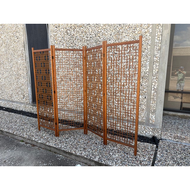 Mid 20th Century Teak Four Panel Room Divider Screen For Sale - Image 10 of 13