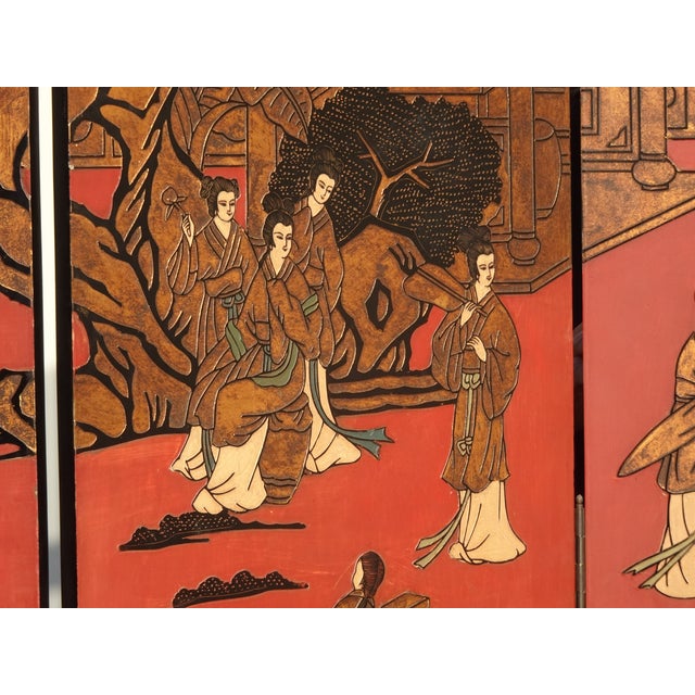 84"Tall Vintage Six Panel Oriental Asian Red Folding Screen Room Divider Palace For Sale - Image 12 of 18