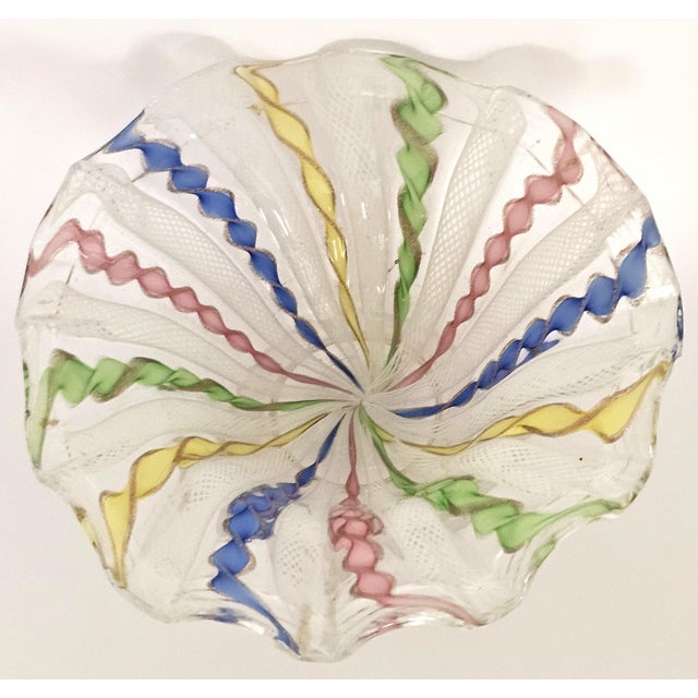 Murano Latticino Ribbon Art Glass Footed Bowl — Multicolor Gold Fleck, Italy For Sale - Image 4 of 14
