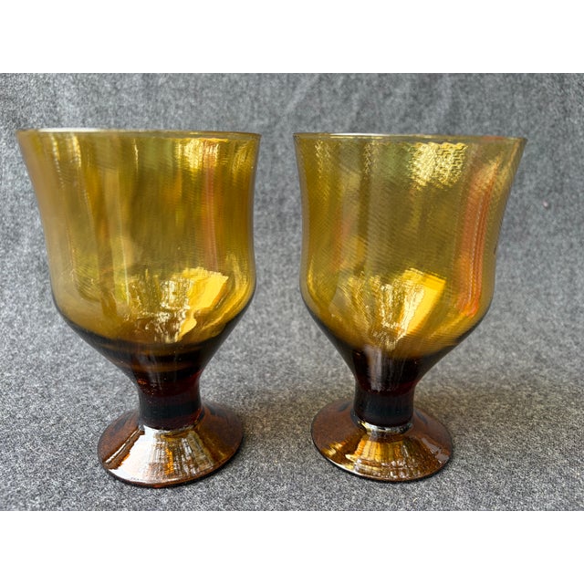 Mid-Century Modern Vintage Mid-Century Modern Amber Brown Glass Denby Avanti Goblets a Pair For Sale - Image 3 of 9