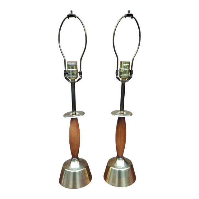 Mid 20th Century Pair Mid Century Walnut and Brass "Genie" Lamps by Laurel Lamp Co. For Sale