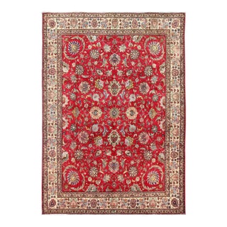 Semi Antique Persian Tabriz Rug With All-Over Blossom Design in Red and Ivory For Sale