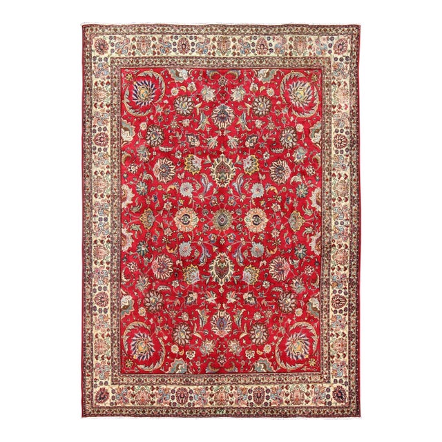 Semi Antique Persian Tabriz Rug With All-Over Blossom Design in Red and Ivory For Sale