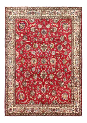 Semi Antique Persian Tabriz Rug With All-Over Blossom Design in Red and Ivory