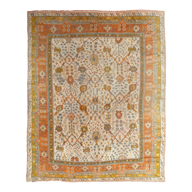 Antique Oushak Carpet, Oriental Rug, Handmade Ivory, Muted Orange, Soft Saffron For Sale