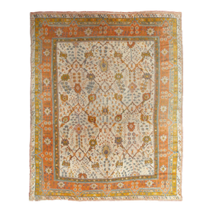 Antique Oushak Carpet, Oriental Rug, Handmade Ivory, Muted Orange, Soft Saffron
