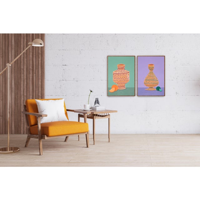 This modern still life diptych by Gio Bellagio is inspired by ancient Greek ceramic vessels. The pots are adorned with...
