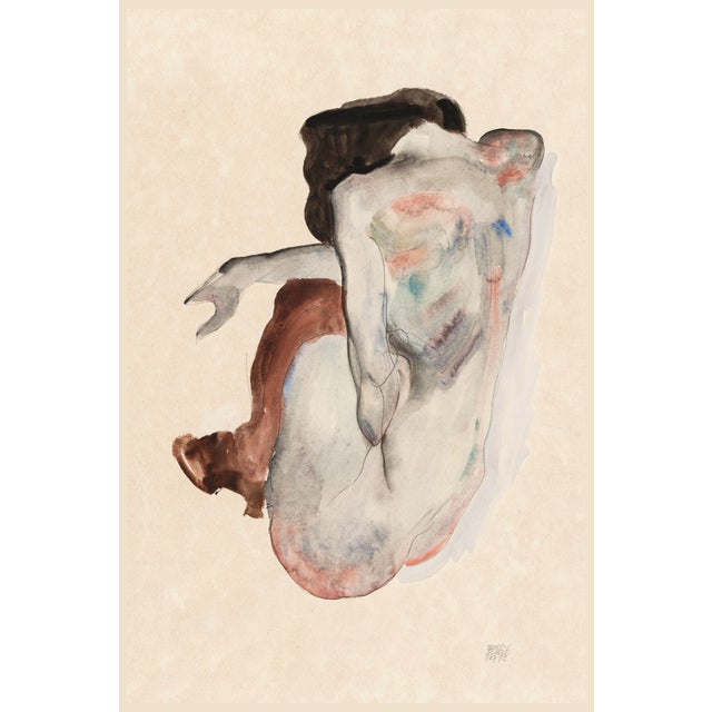 1912 Vintage Nude Figure Art Print by Egon Schiele, Crouching Nude - 8" X 12" For Sale