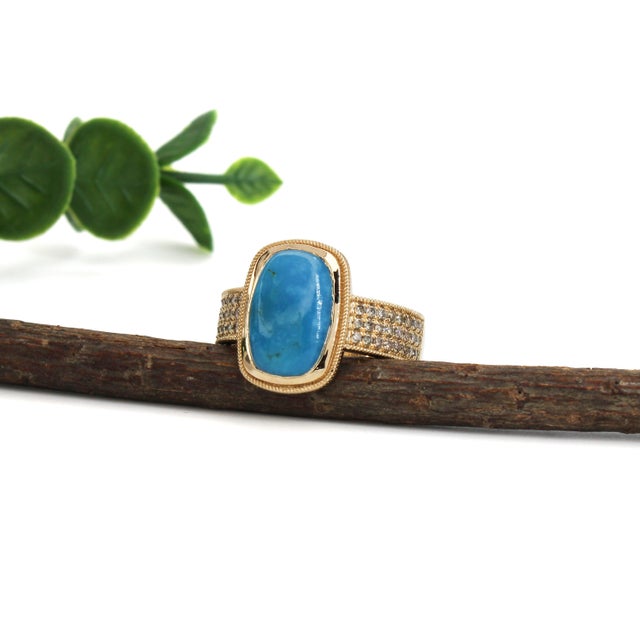3.3ct Sonoran Turquoise Ring With Natural Diamond Accents in Solid 14k Gold, Size 6.75 For Sale - Image 4 of 6