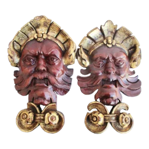 Gilt and Wood Satyr Headed Architectural Ornaments - a Pair of 2