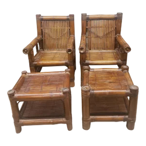 Budji Layug Style Majestic Jumbo Bamboo Pagoda Lounge Chairs W/ Ottomans, a Pair