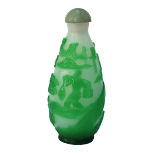 Lime Green Glass Overlay Chinese Snuff Bottle With Stopper 3"