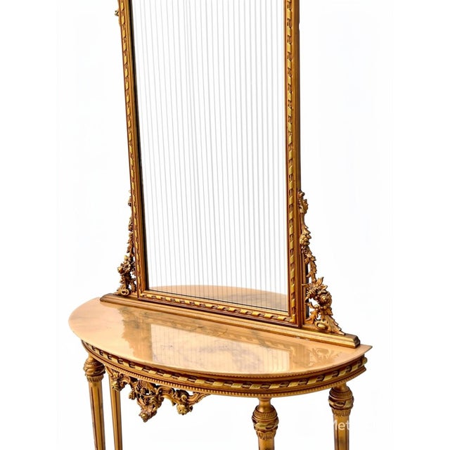 Antique French Console Table with Marble Top and Mirror, 1890s, Set of 2 For Sale - Image 4 of 8